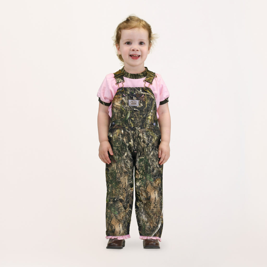 #428 Premium Pink Ruffle BIB OVERALL Girls in Realtree or Mossy Oak Break-Up